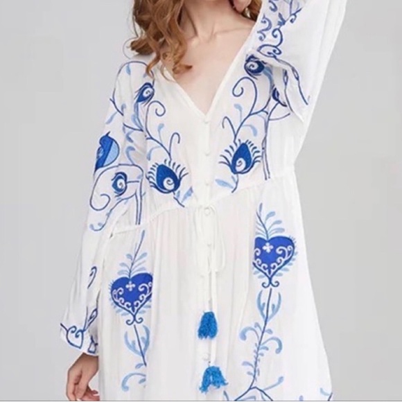 5 Star ⭐️ Favorite Boho Embroidered Blu Hearts Magic Kimono Blue Bird Maxi Dress - Picture 10 of 14
